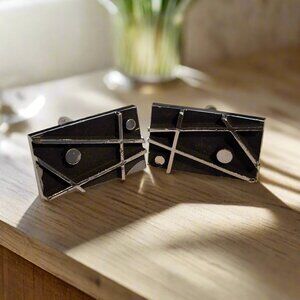 Vintage Mid Century Modern Cufflinks – Abstract Geometric Black & Silver Design